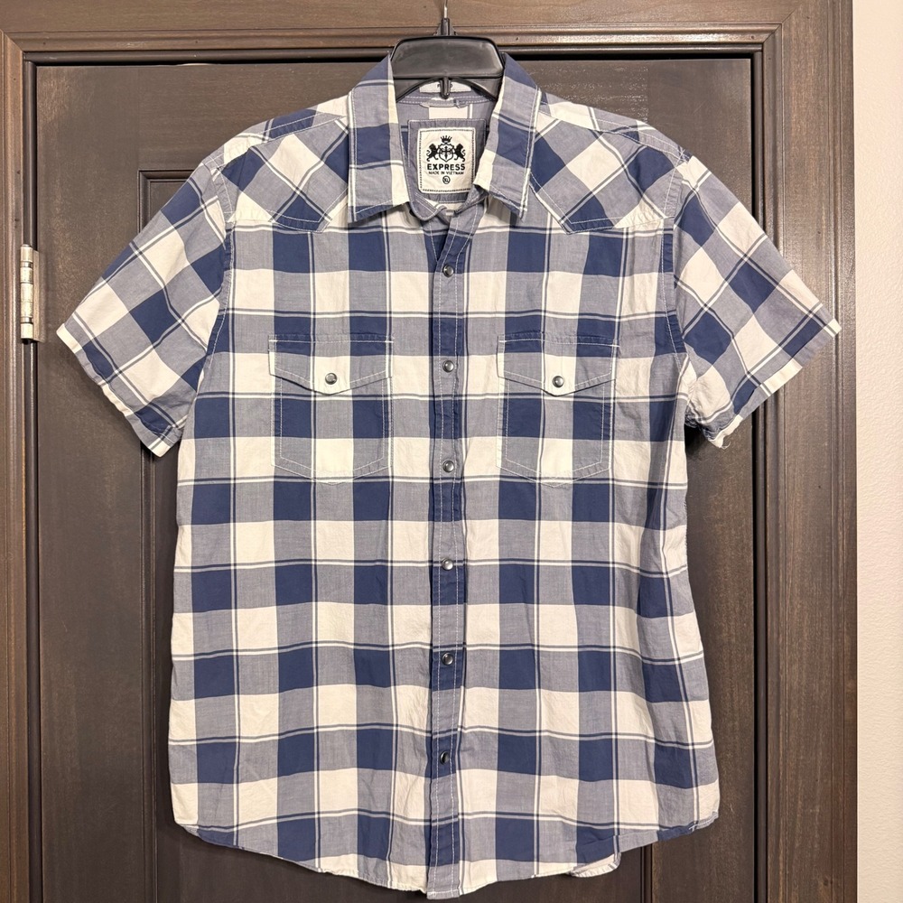 Express Mens Blue White Plaid Short Sleeve Pearl Snap Western Shirt XL Cotton